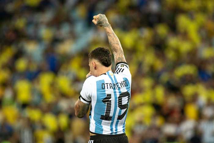 Nicolas Otamendi pictured celebrating after scoring the winning goal for Argentina in a 1-0 away victory over Brazil in November 2023